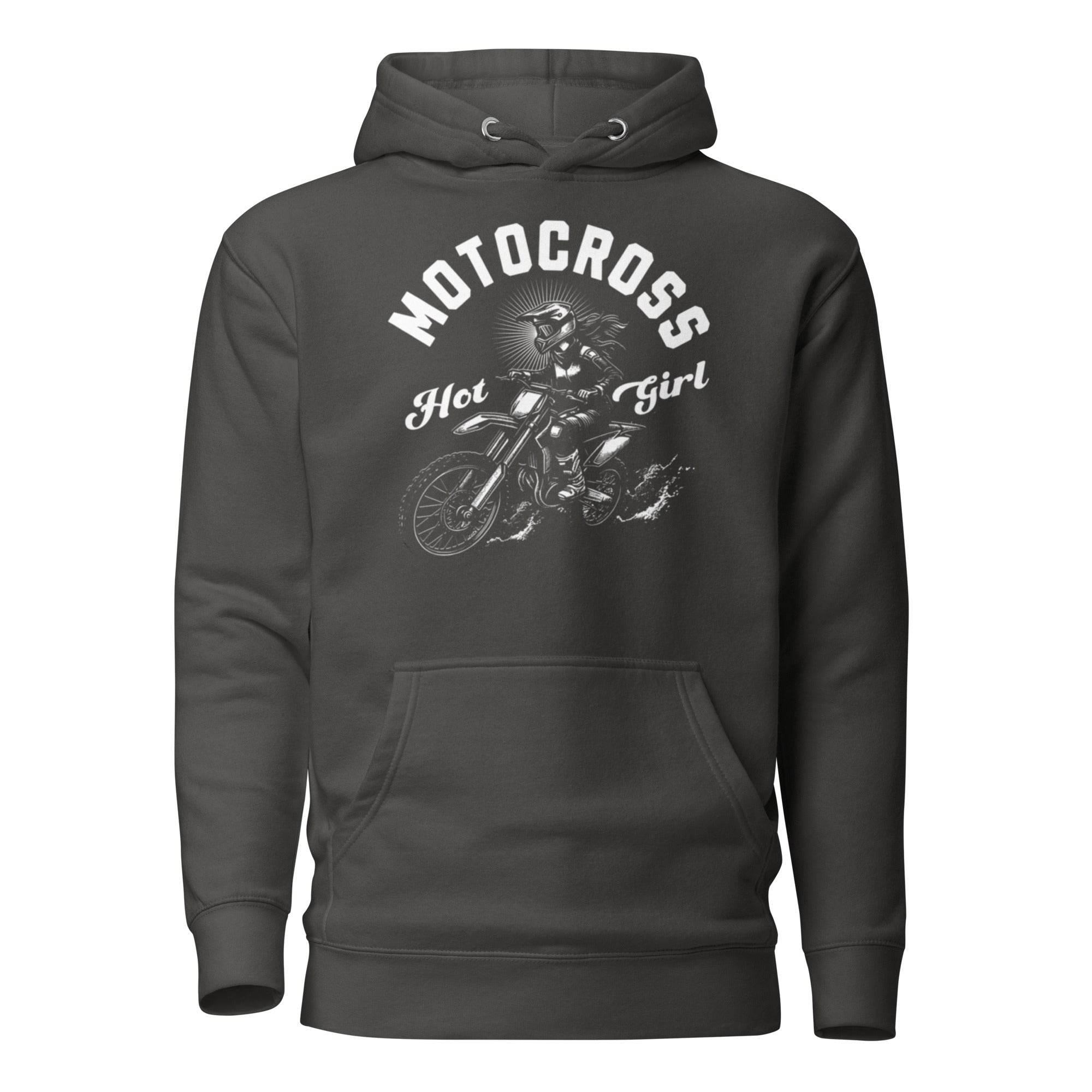 Unisex premium hoodie featuring motocross rider graphic with 'Hot Girl' design – edgy streetwear blending resilience and attitude. - Annaise Store