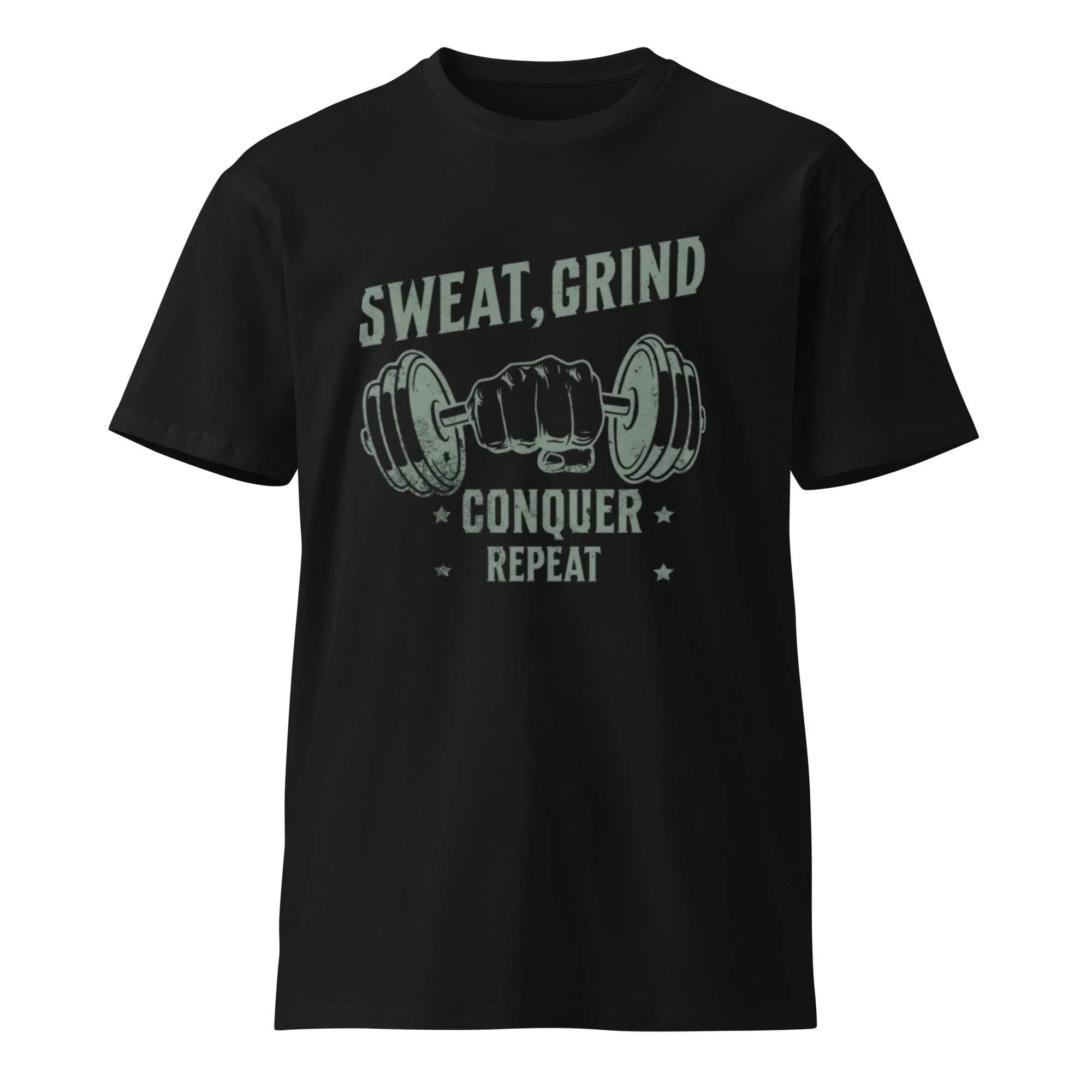 Man wearing Grind & Conquer Premium Workout Tee in black — premium cotton t-shirt built for workouts, motivation, and casual everyday style. - Annaise Store