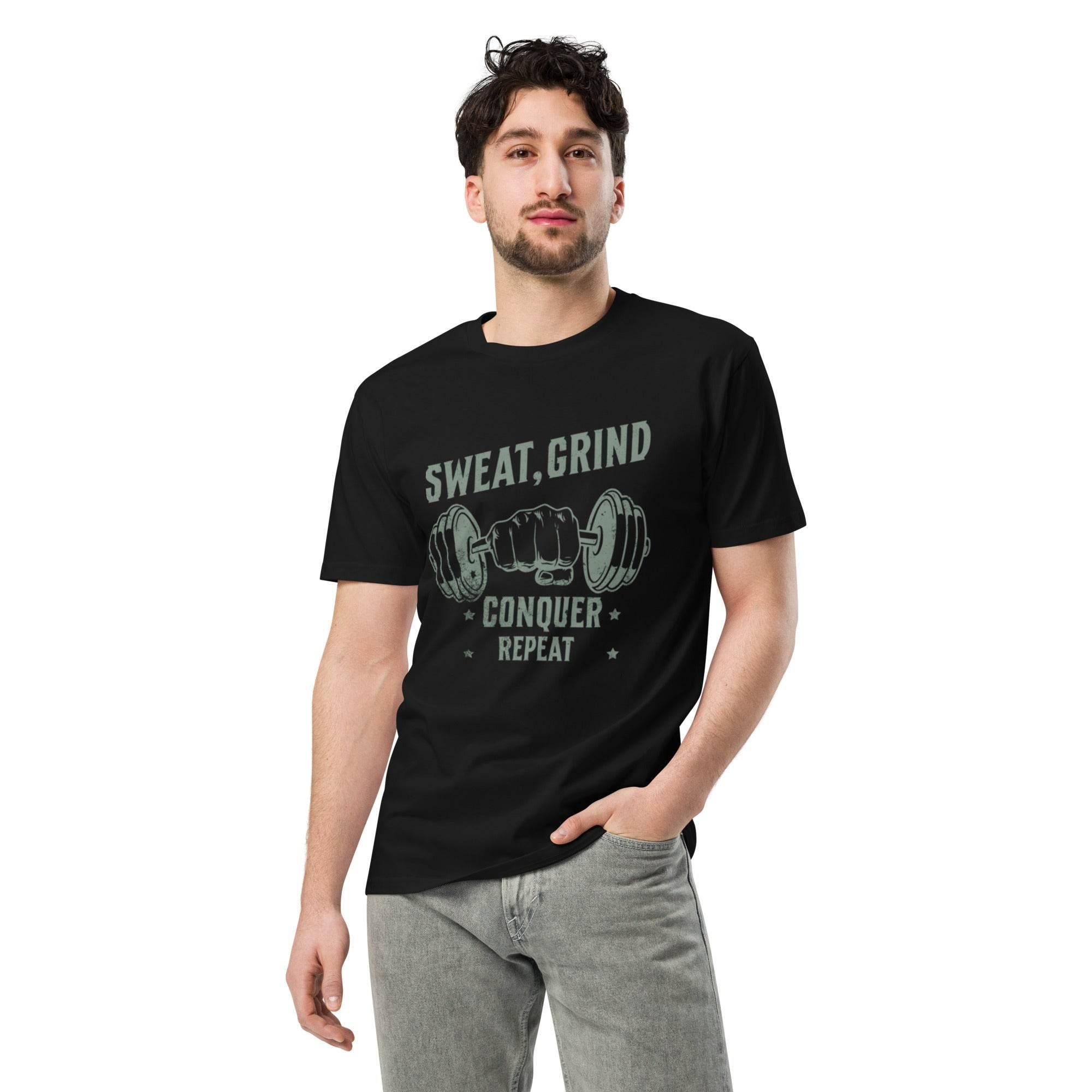 Man wearing Grind & Conquer Premium Workout Tee in black — premium cotton t-shirt built for workouts, motivation, and casual everyday style.- Annaise Store