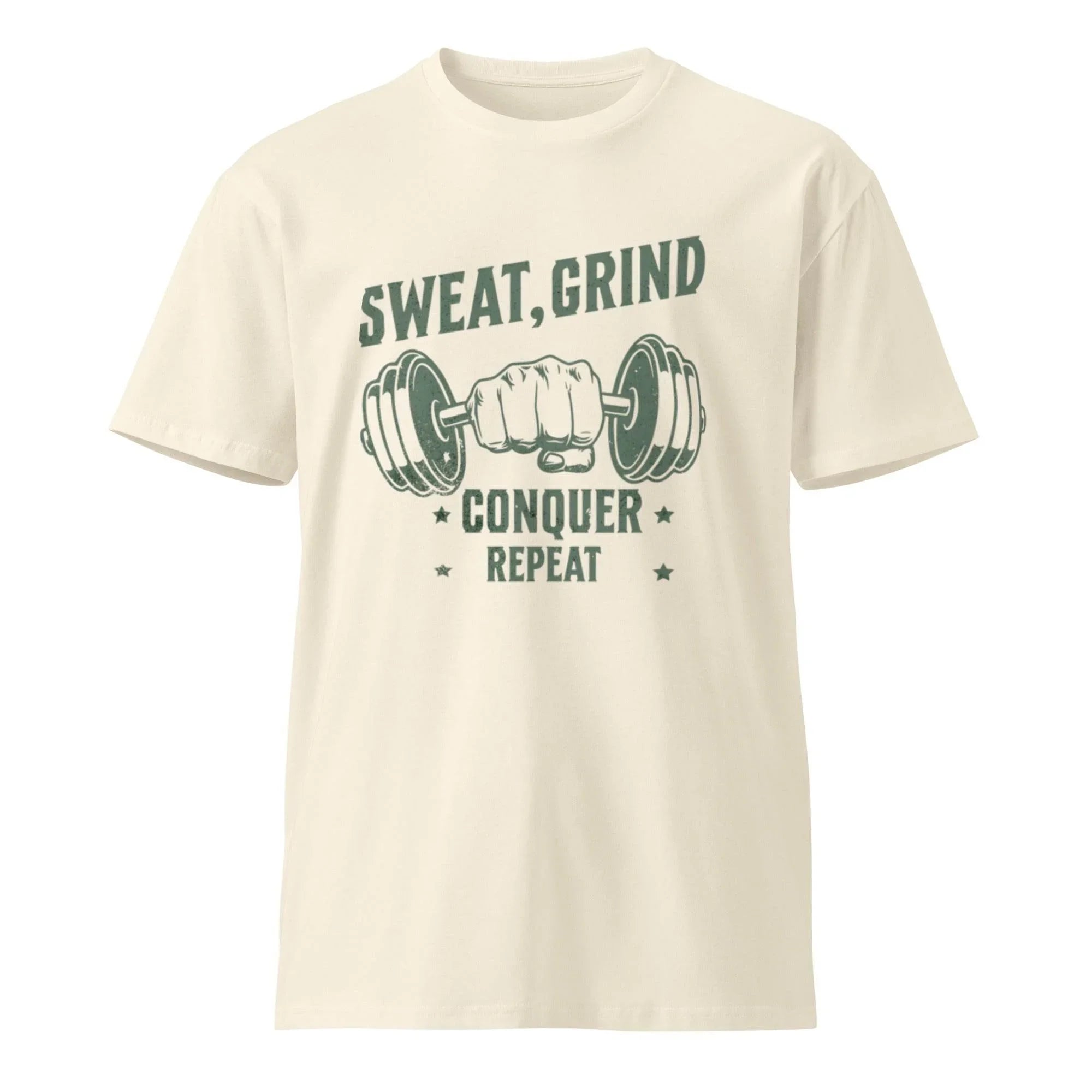 Man wearing Grind & Conquer Premium Workout Tee in natural — premium cotton t-shirt built for workouts, motivation, and casual everyday style. - Annaise Store