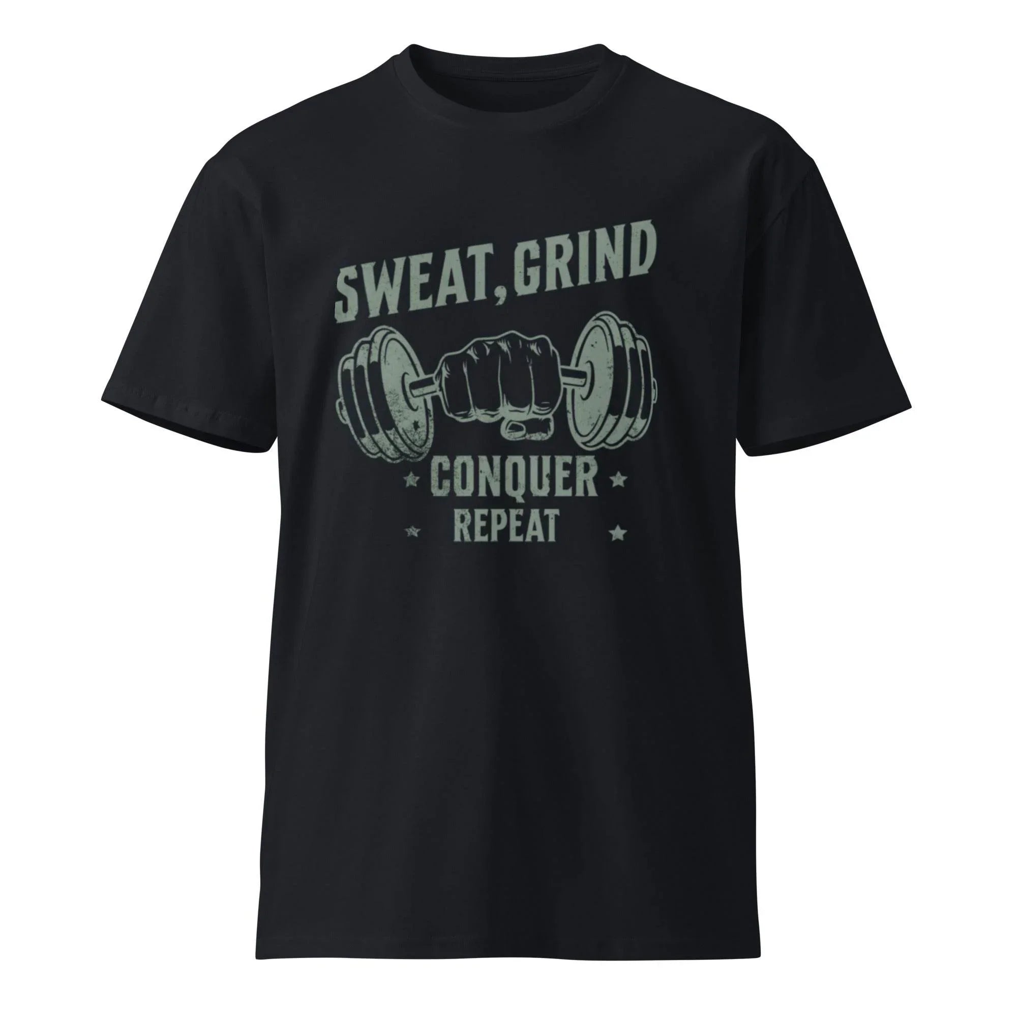 Man wearing Grind & Conquer Premium Workout Tee in navy — premium cotton t-shirt built for workouts, motivation, and casual everyday style. - Annaise Store