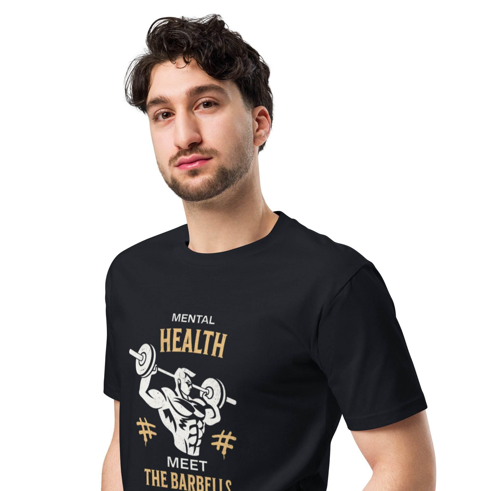 Navy premium t-shirt with bold fitness and mental health graphic – motivational streetwear. - Annaise Store