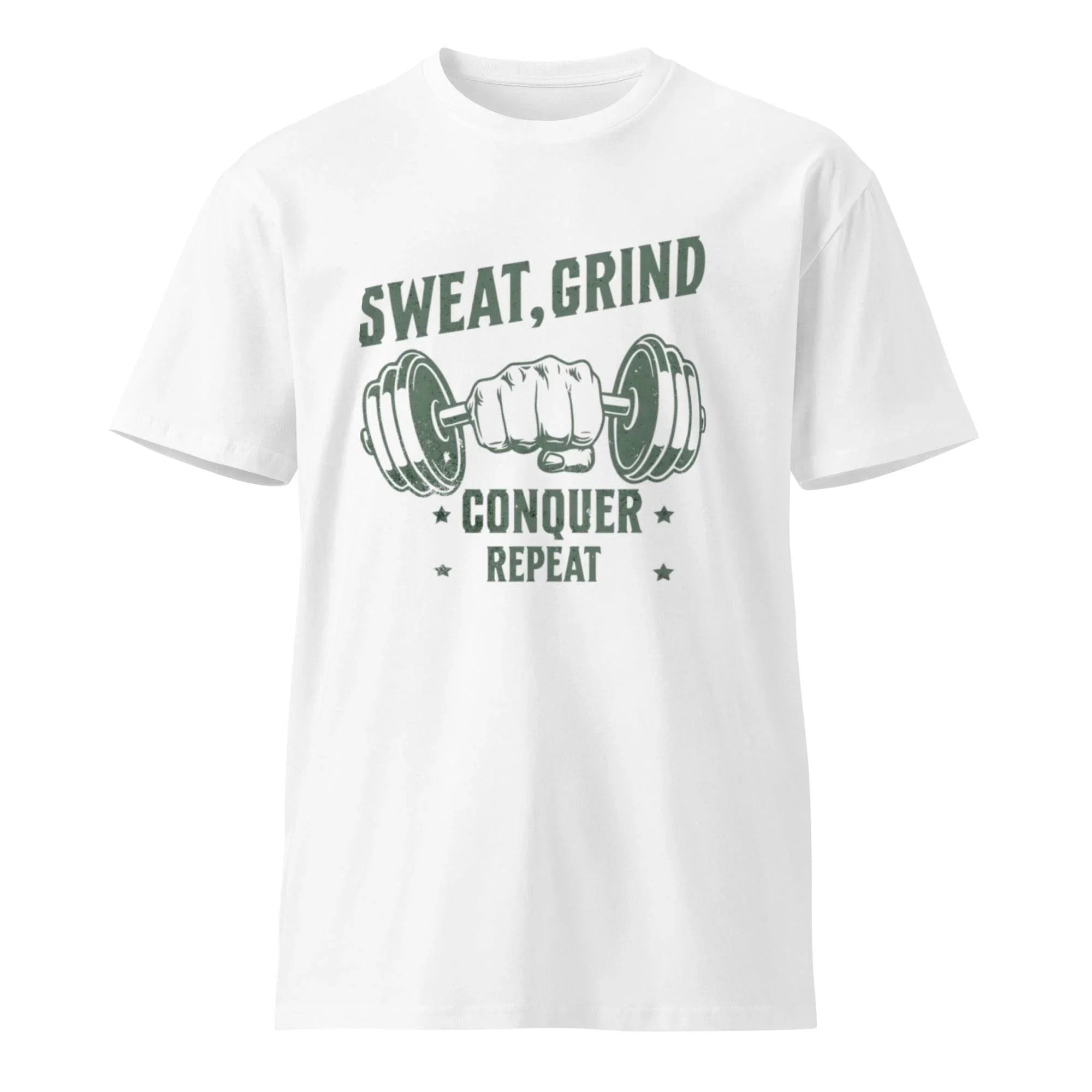 Man wearing Grind & Conquer Premium Workout Tee in white — premium cotton t-shirt built for workouts, motivation, and casual everyday style. - Annaise Store