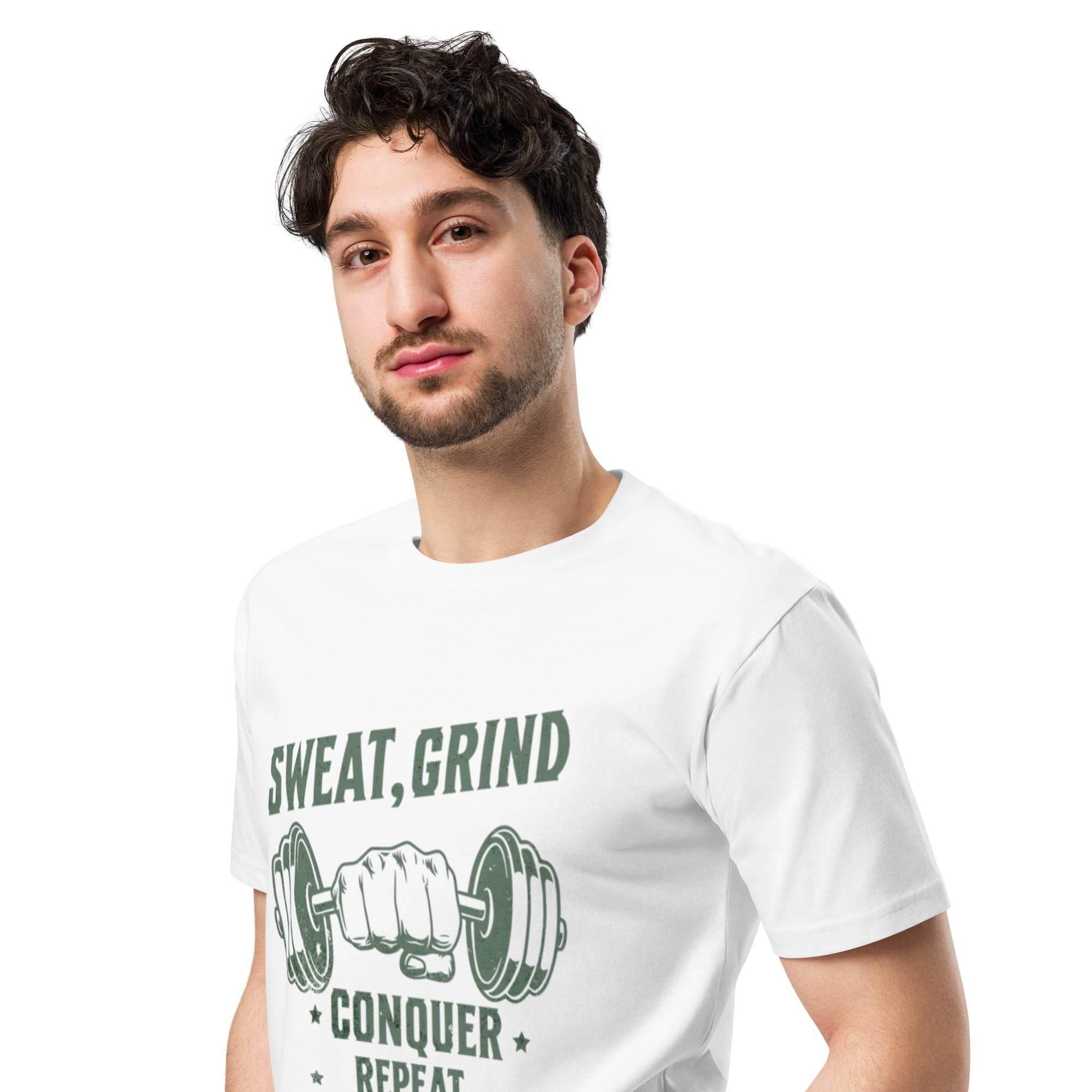 Man wearing Grind & Conquer Premium Workout Tee in white — premium cotton t-shirt built for workouts, motivation, and casual everyday style. - Annaise Store