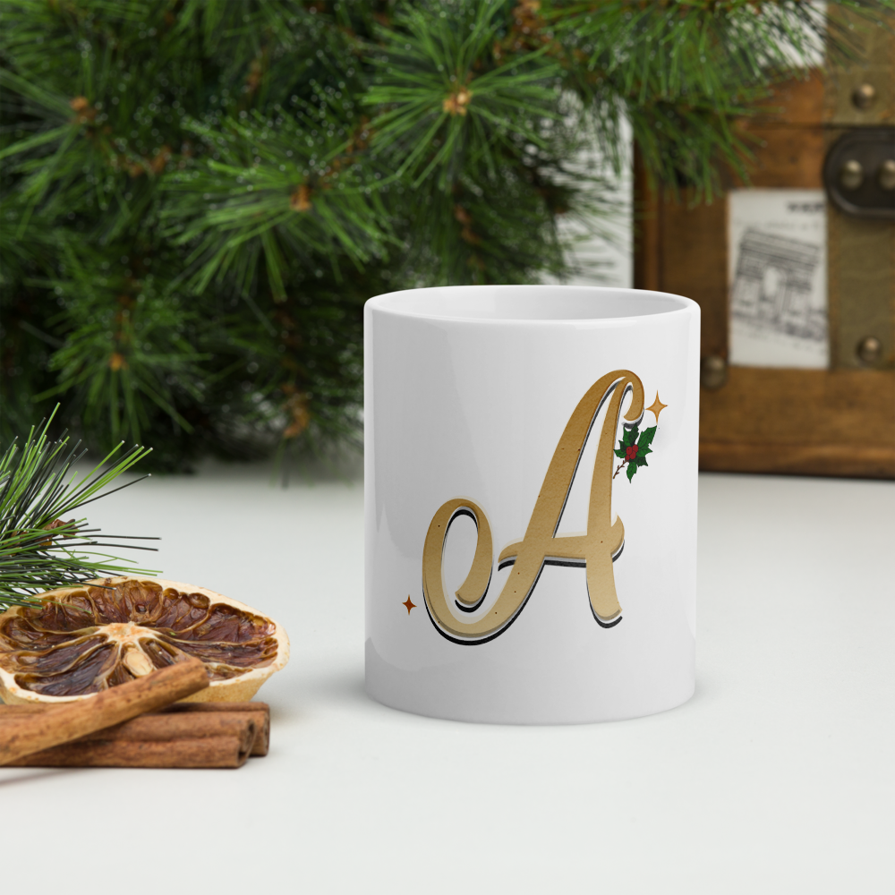 Letter A Christmas Mug – Gold Script Holiday Initial Cup