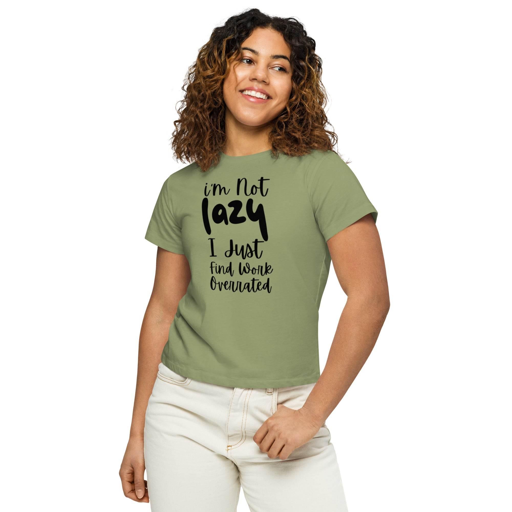 Woman wearing an artichoke  cropped graphic t-shirt with the phrase ‘I’m Not Lazy, I Just Need More Energy,’ paired with cream pants — part of the Cropped & Chic Tops collection. - Annaise Store