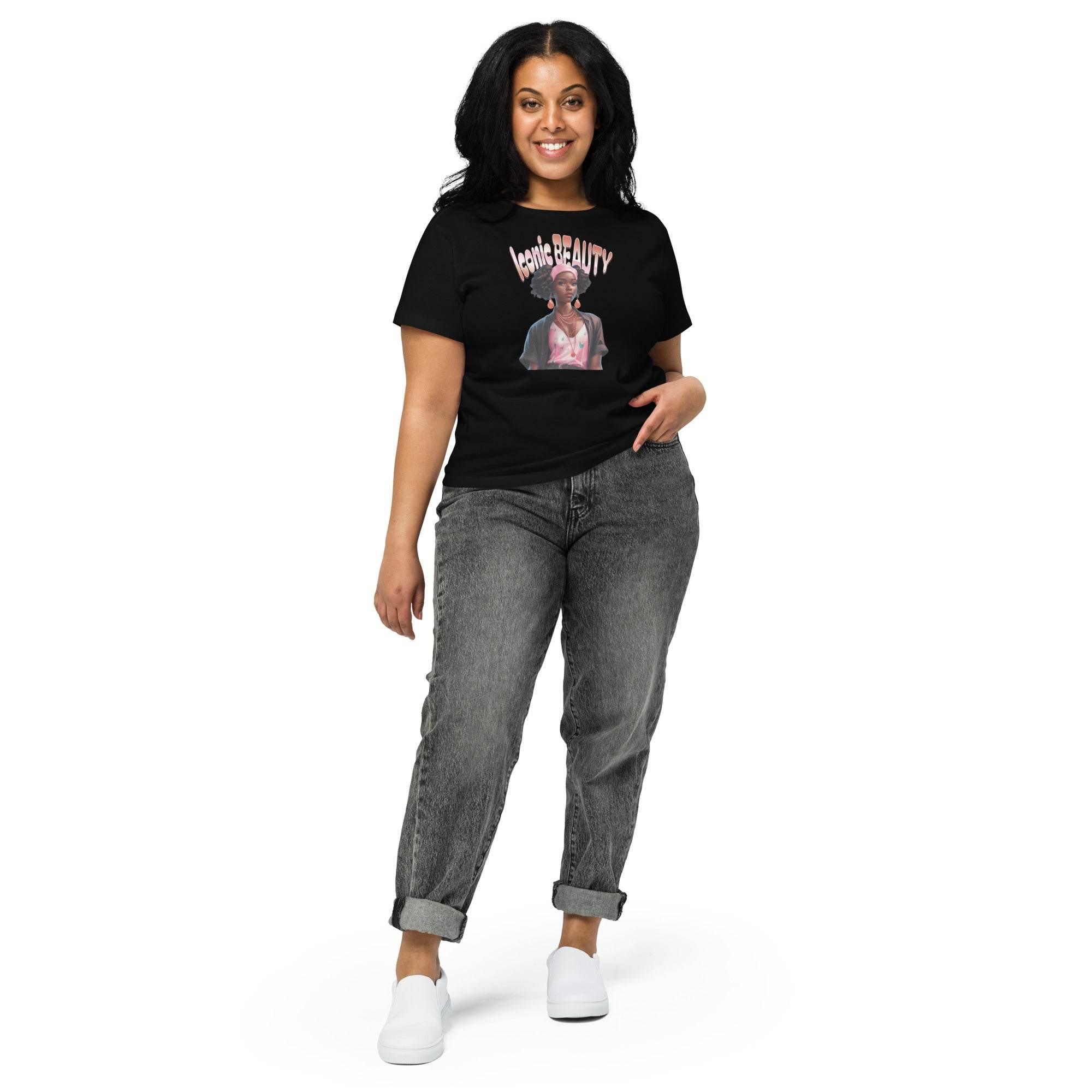 Black cropped t-shirt with Iconic Beauty graphic – women’s chic top for bold streetwear style. - Annaise Store