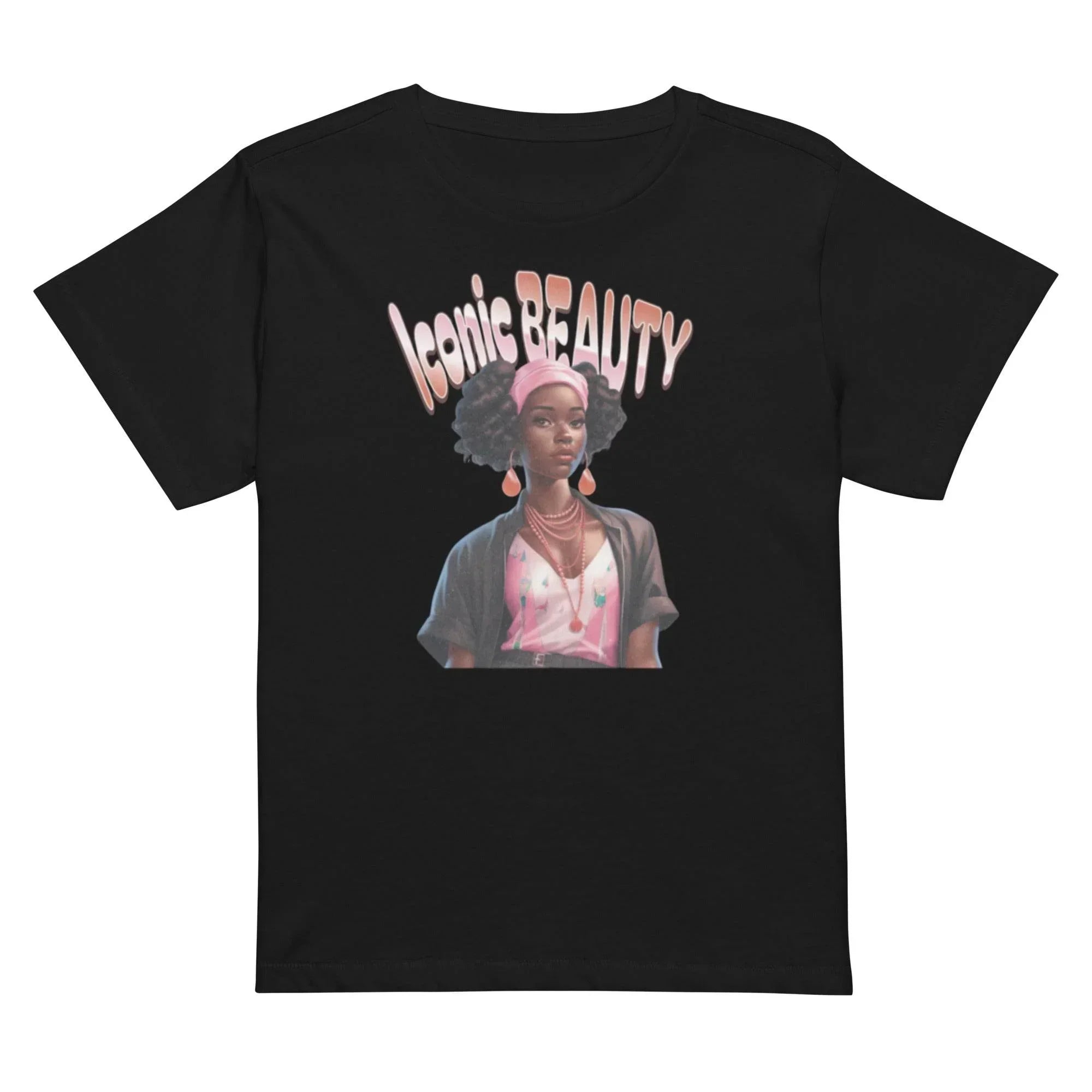 Black cropped t-shirt with Iconic Beauty graphic – women’s chic top for bold streetwear style.” - Annaise Store