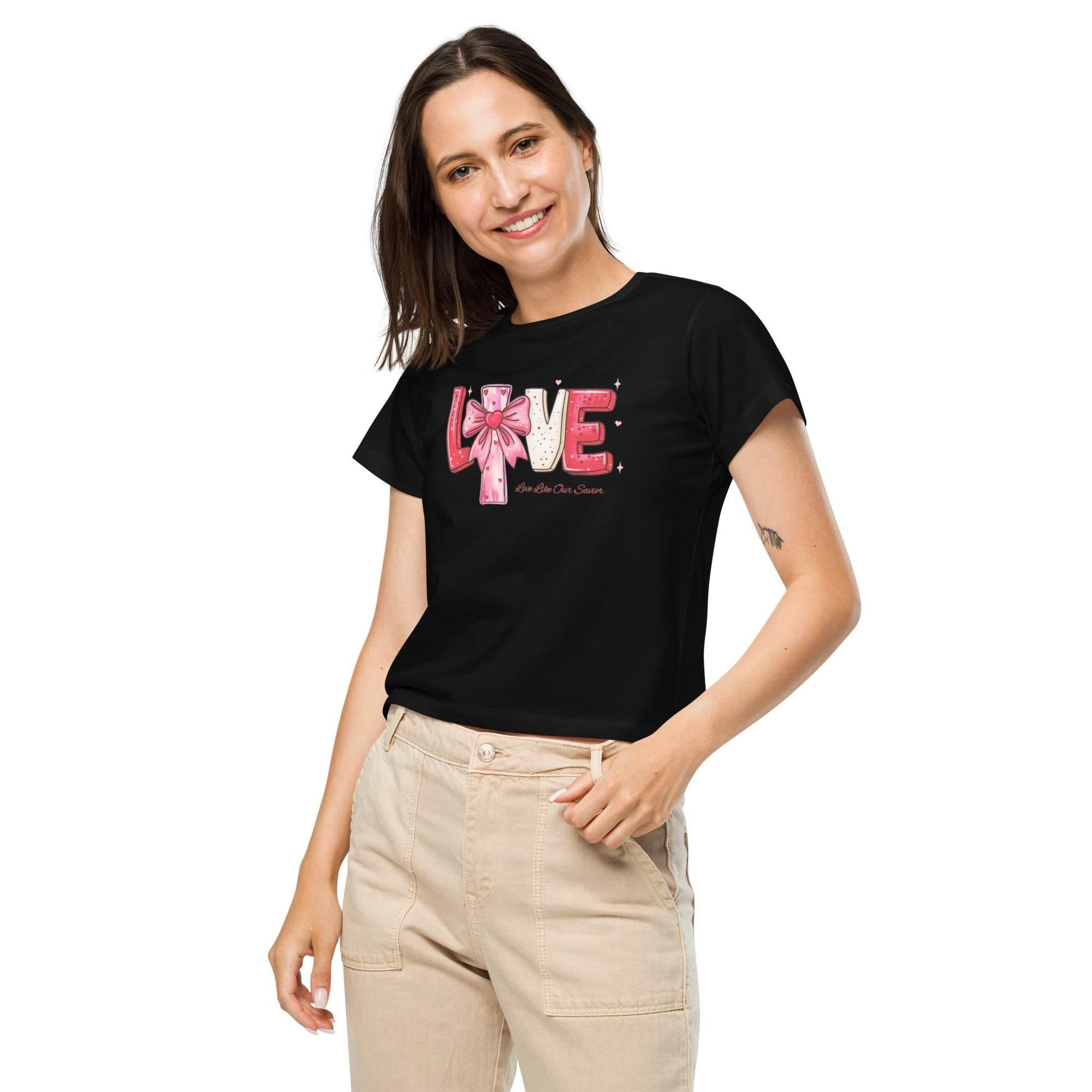 Black cropped t-shirt with bold white LOVE graphic – chic cotton crop top for modern streetwear style.  - Annaise Store