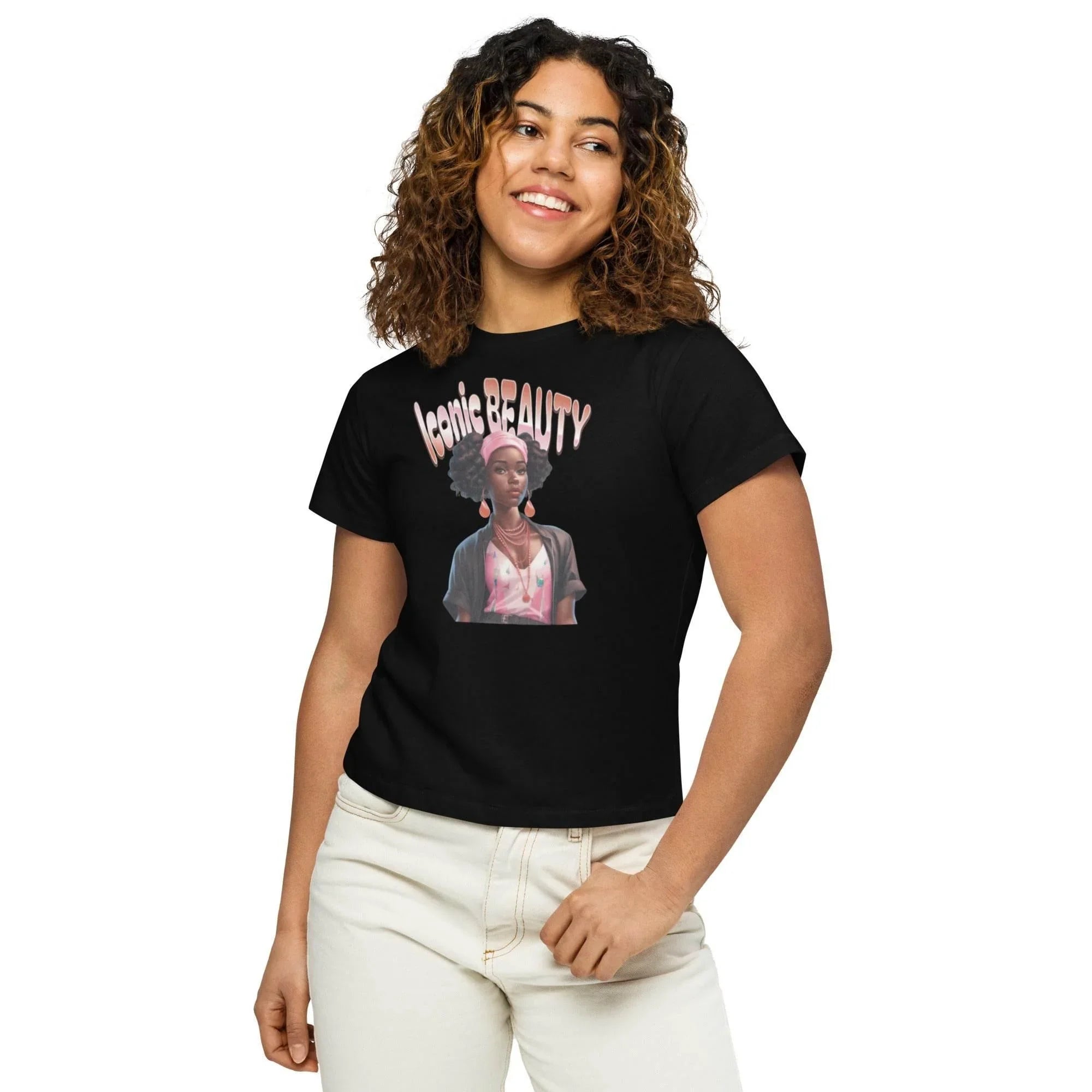 Black cropped t-shirt with Iconic Beauty graphic – women’s chic top for bold streetwear style.”- Annaise Store