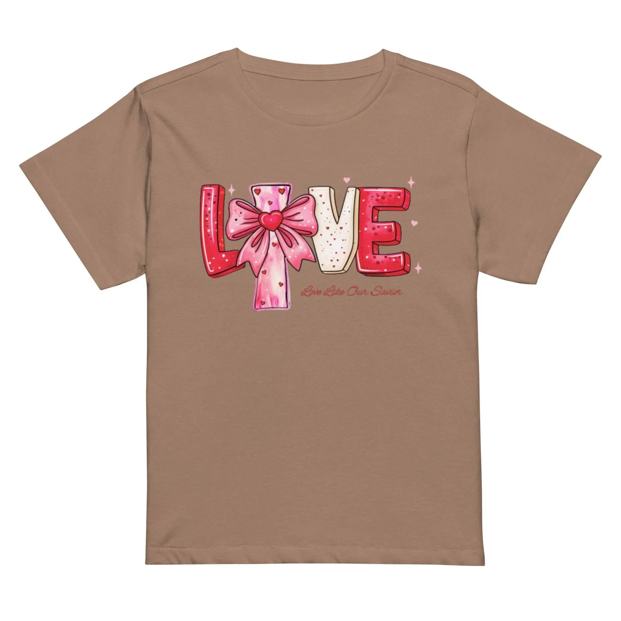 Latte cropped t-shirt with bold white LOVE graphic – chic cotton crop top for modern streetwear style. - Annaise Store