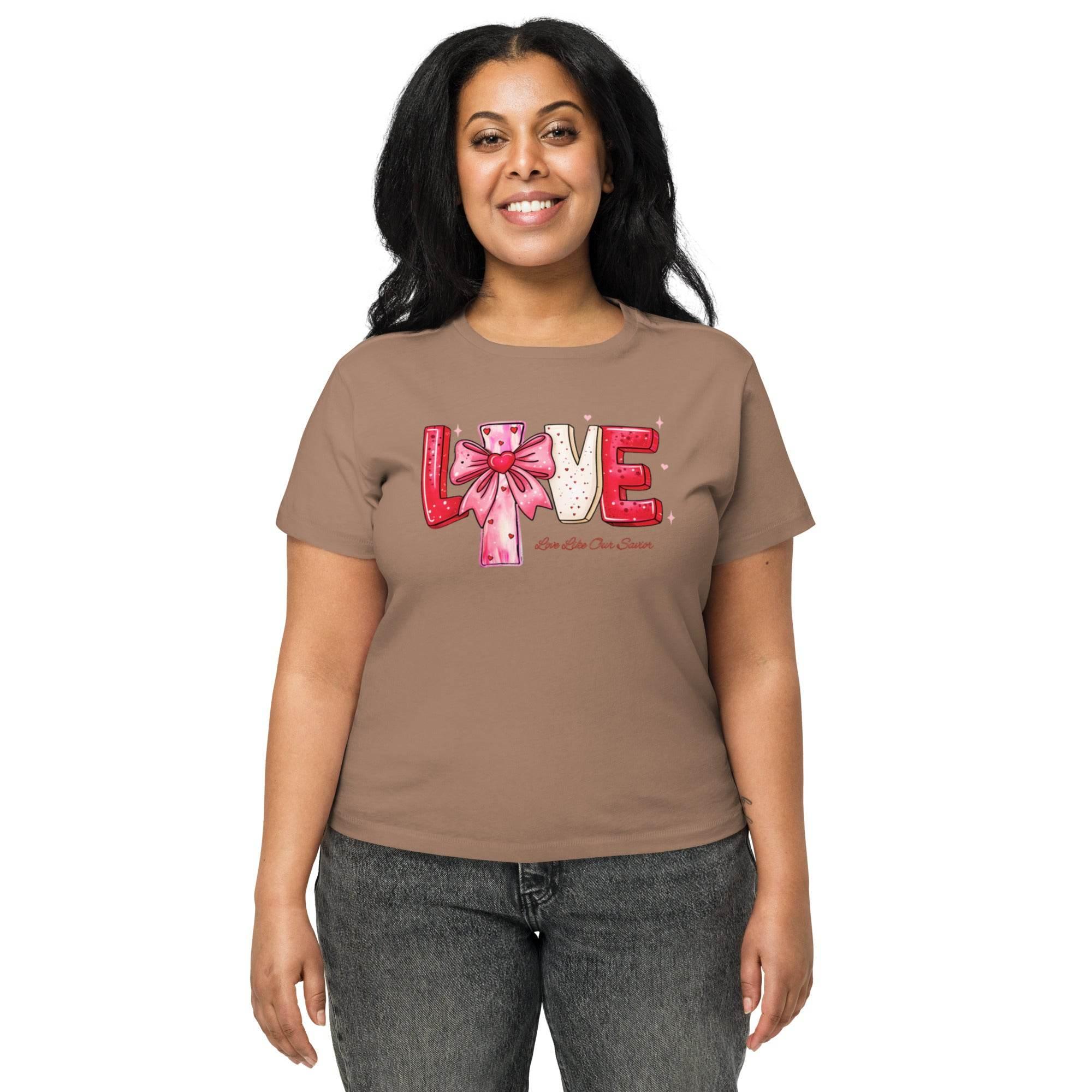 Latte cropped t-shirt with bold white LOVE graphic – chic cotton crop top for modern streetwear style. - Annaise Store