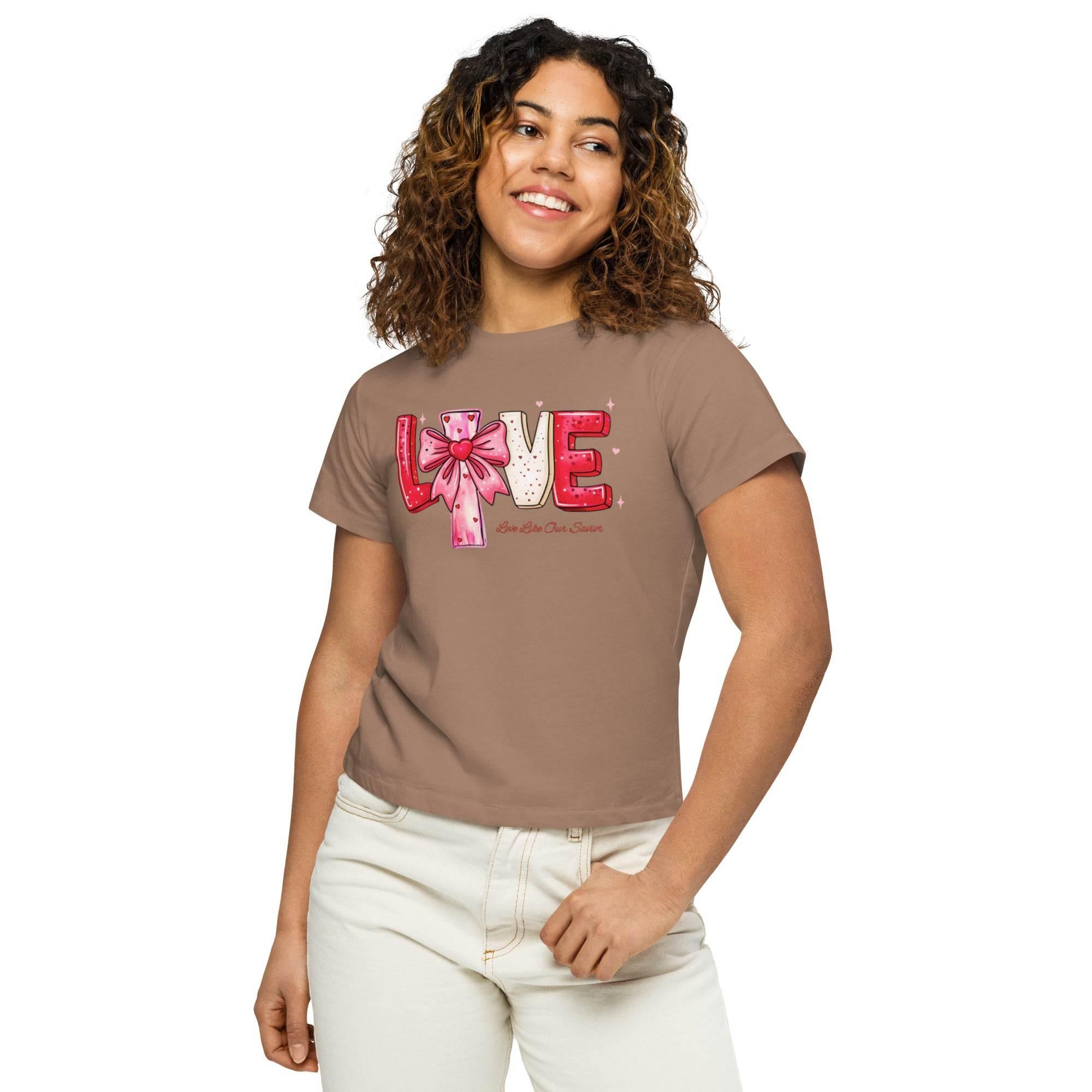 Latte cropped t-shirt with bold white LOVE graphic – chic cotton crop top for modern streetwear style. - Annaise Store