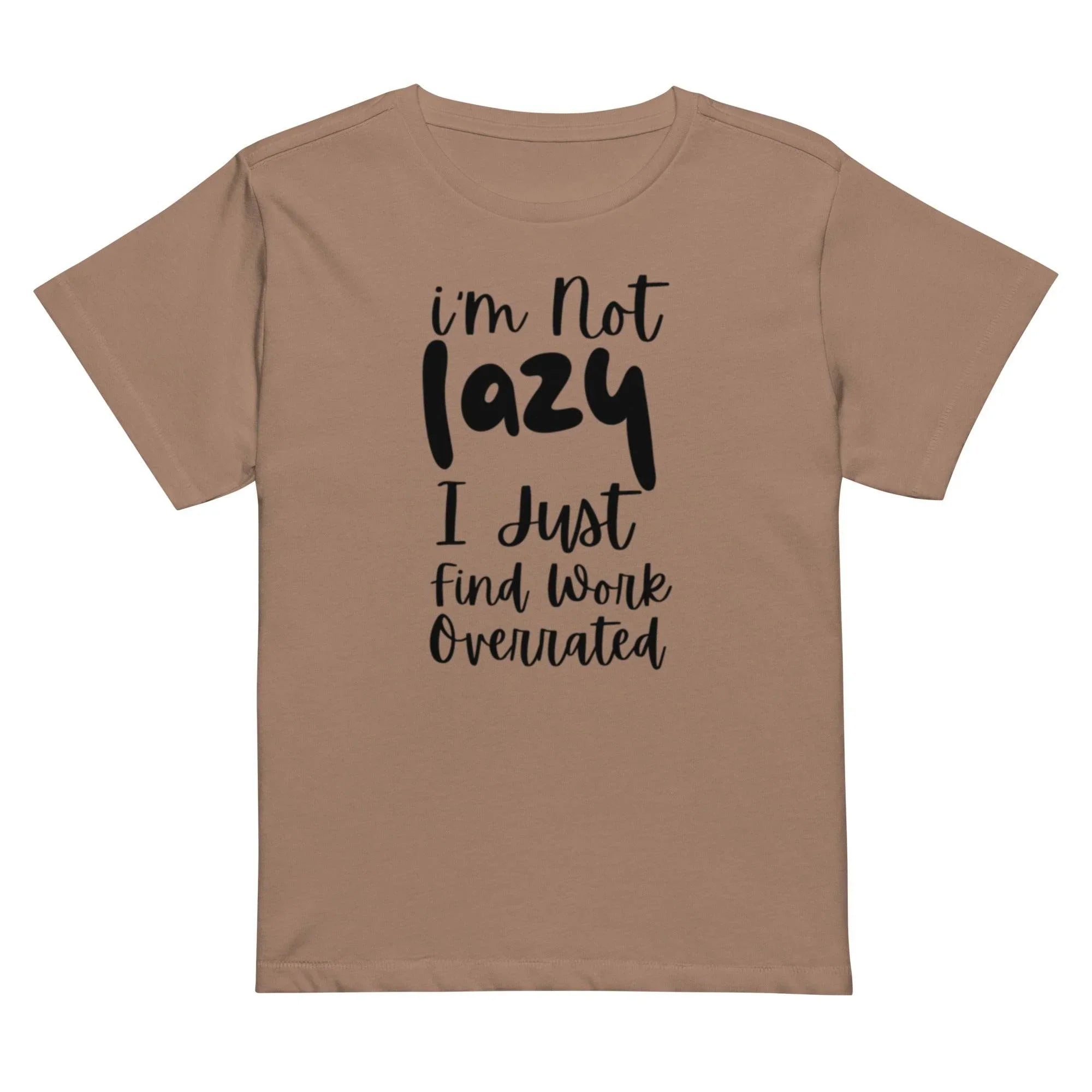 Woman wearing a latte cropped graphic t-shirt with the phrase ‘I’m Not Lazy, I Just Need More Energy,’ paired with cream pants — part of the Cropped & Chic Tops collection. - Annaise Store