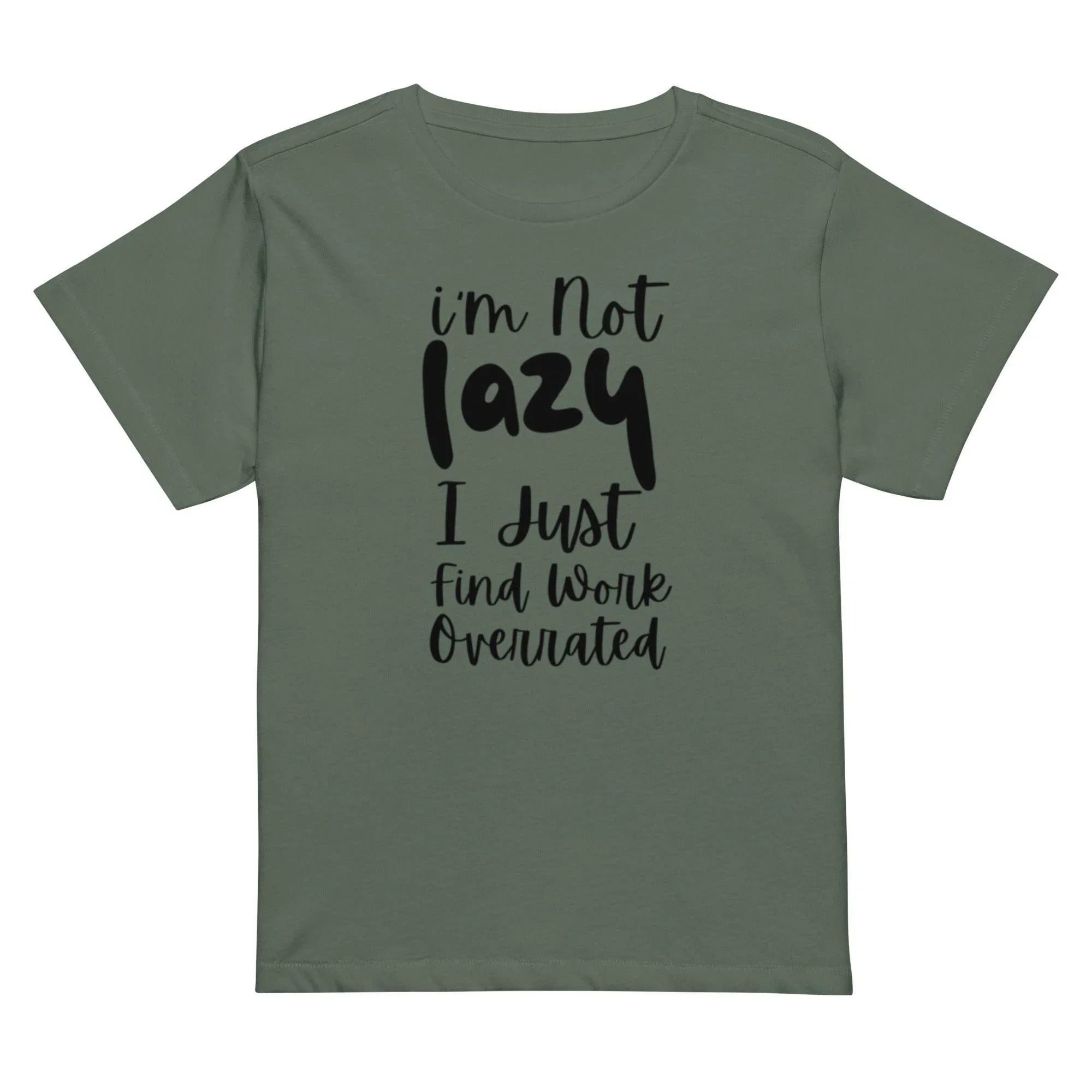 Woman wearing a pine cropped graphic t-shirt with the phrase ‘I’m Not Lazy, I Just Need More Energy,’ paired with cream pants — part of the Cropped & Chic Tops collection. - Annaise Store