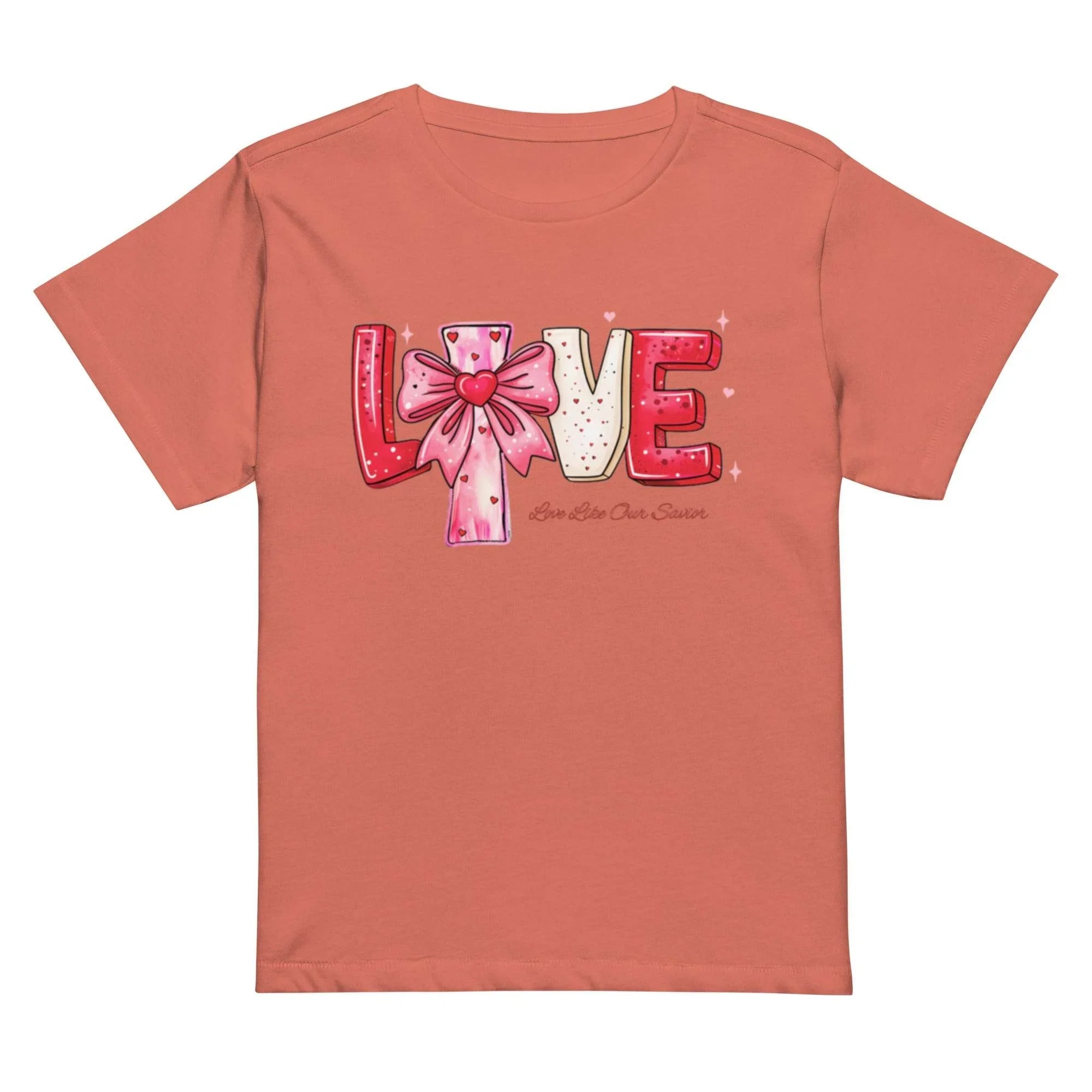 Red-sorbet cropped t-shirt with bold white LOVE graphic – chic cotton crop top for modern streetwear style. - Annaise Store