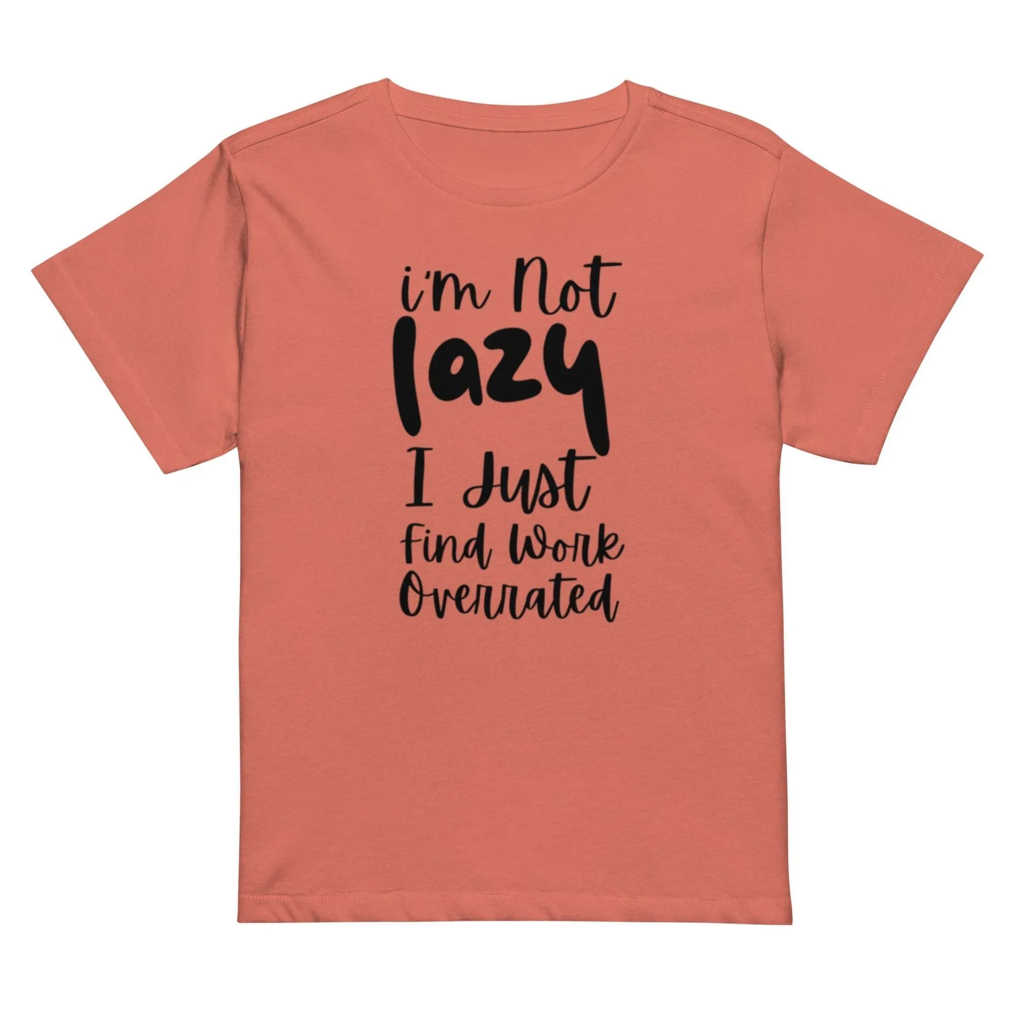 Woman wearing a red-sorbet cropped graphic t-shirt with the phrase ‘I’m Not Lazy, I Just Need More Energy,’ paired with cream pants — part of the Cropped & Chic Tops collection. - Annaise Store