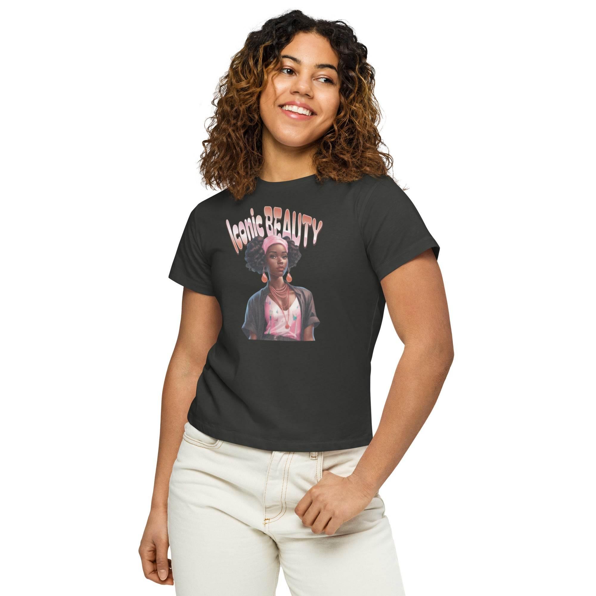 Vintage-black cropped t-shirt with Iconic Beauty graphic – women’s chic top for bold streetwear style. - Annaise Store
