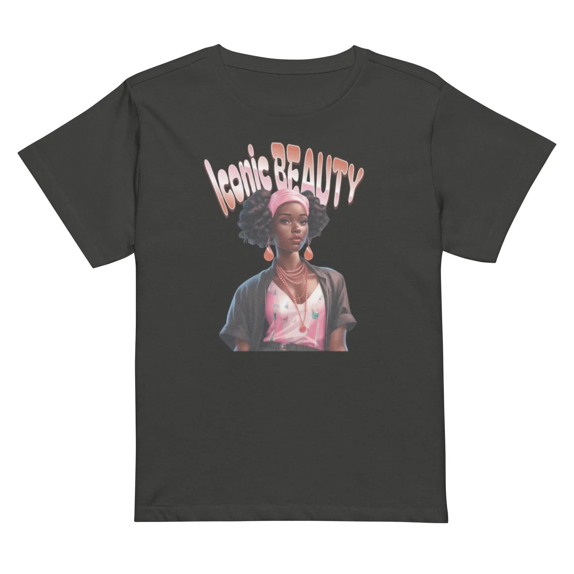 Vintage-black cropped t-shirt with Iconic Beauty graphic – women’s chic top for bold streetwear style. - Annaise Store