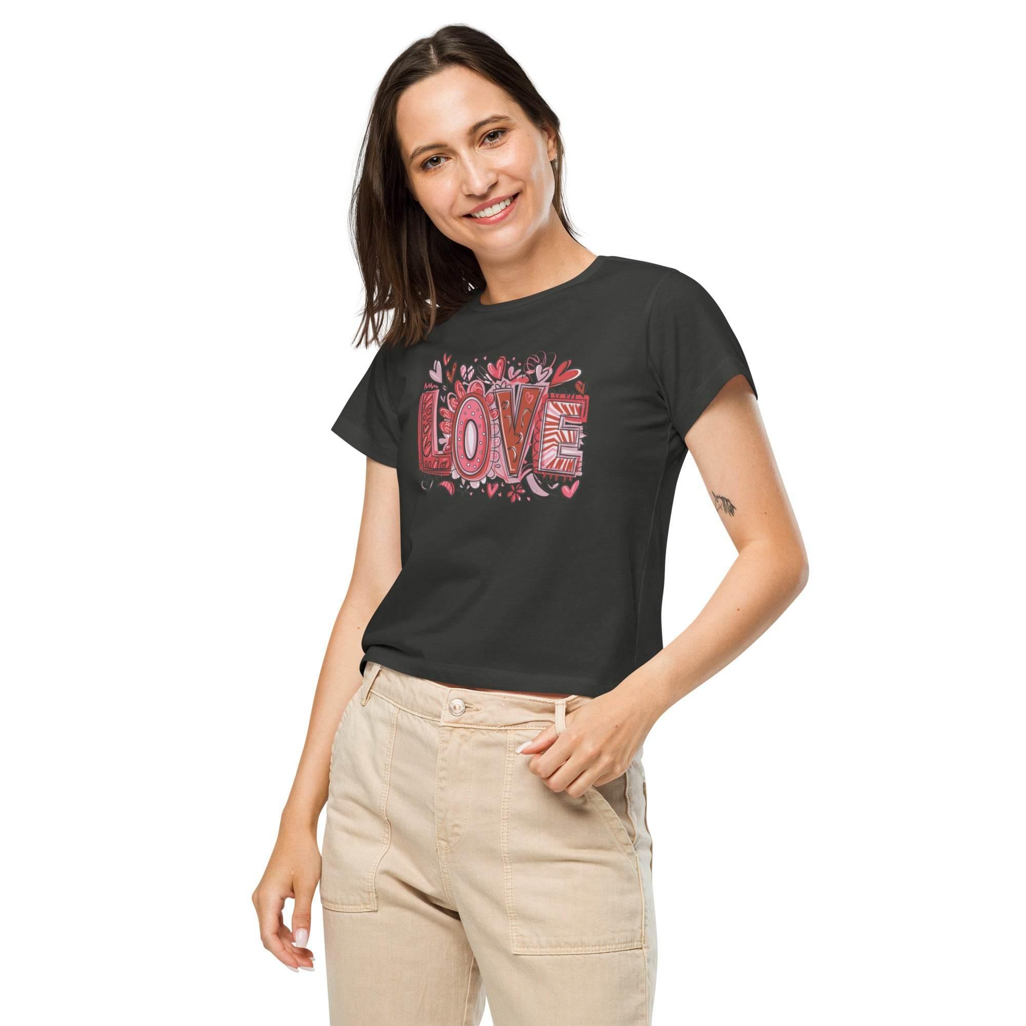 Women’s cropped statement tee with bold LOVE graphic – chic casual crop top in multiple colors.- Annaise Store