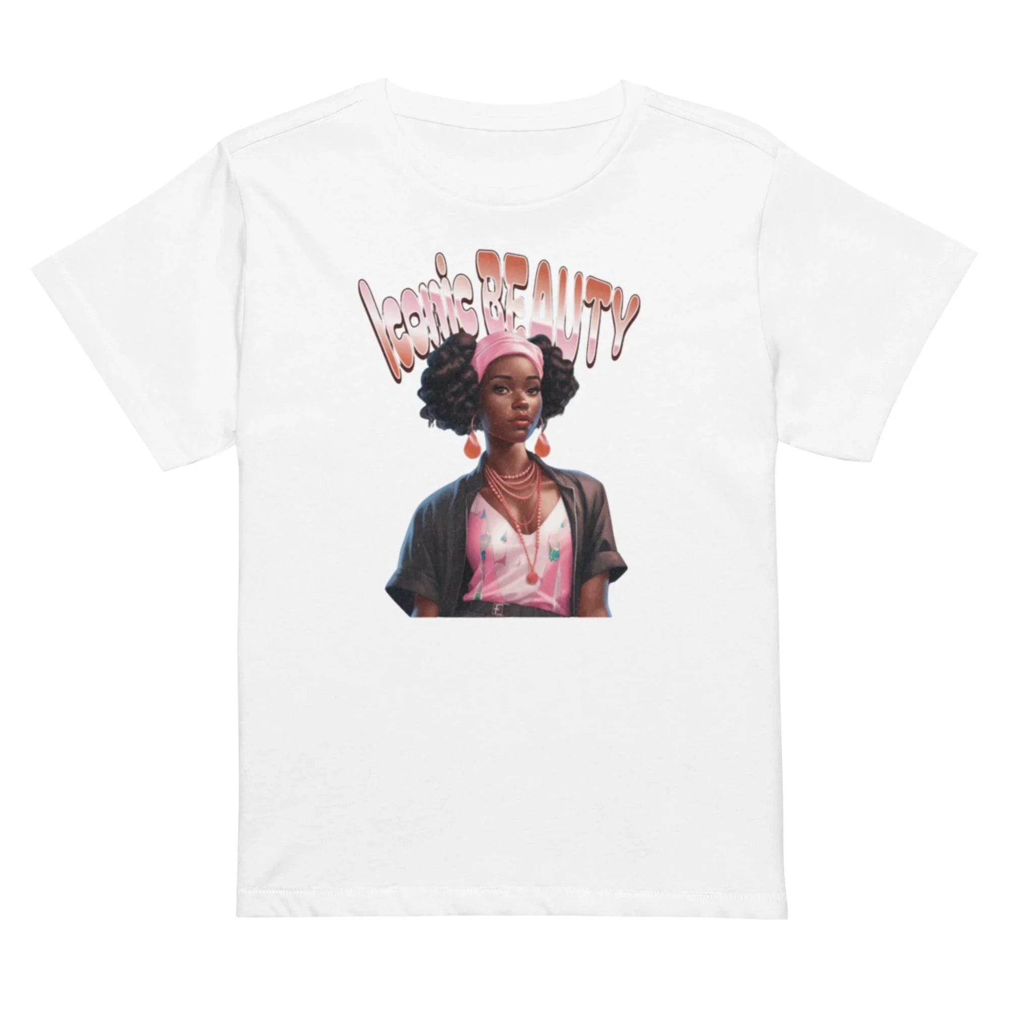 White cropped t-shirt with Iconic Beauty graphic – women’s chic top for bold streetwear style.t - Annaise Store