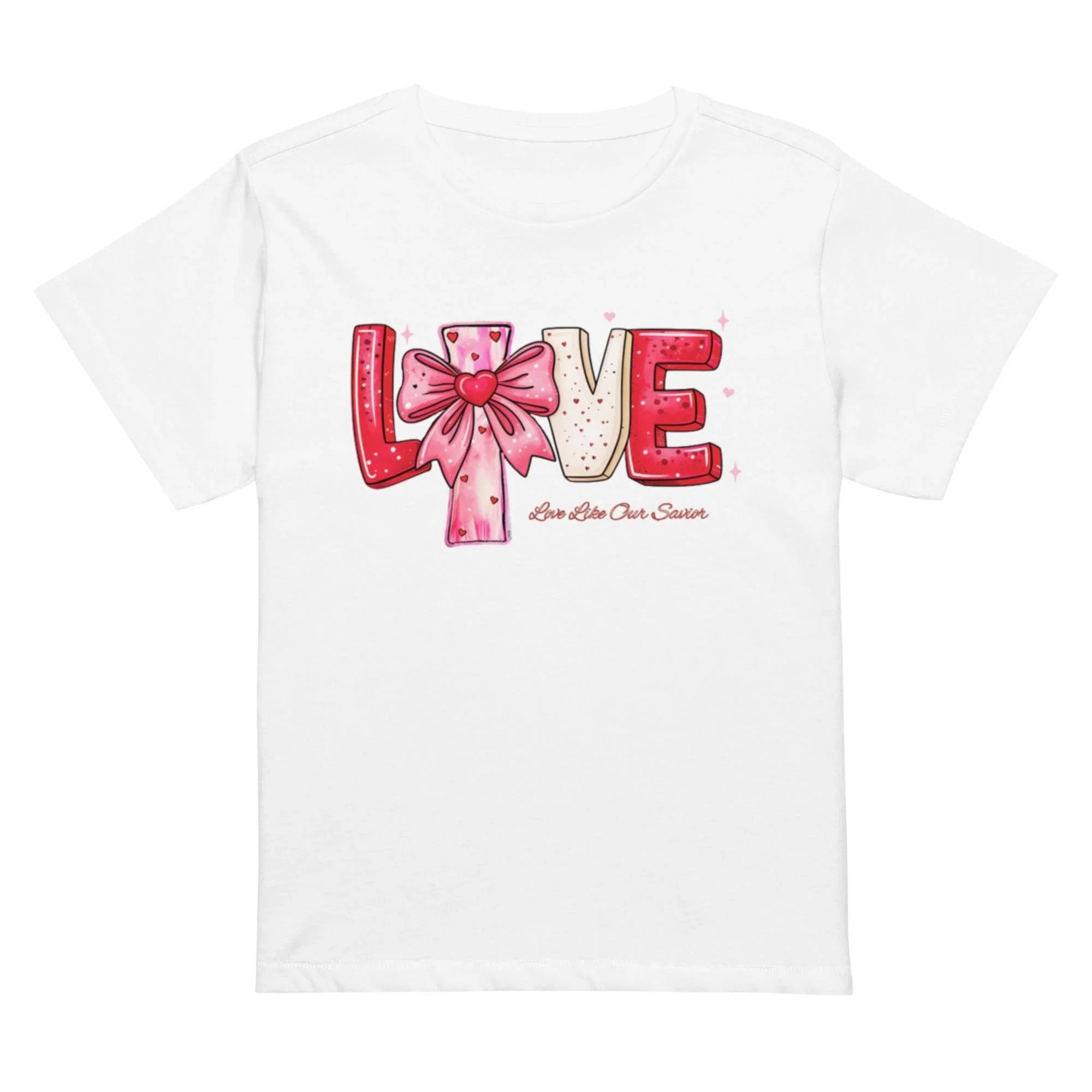 White cropped t-shirt with bold white LOVE graphic – chic cotton crop top for modern streetwear style. - Annaise Store