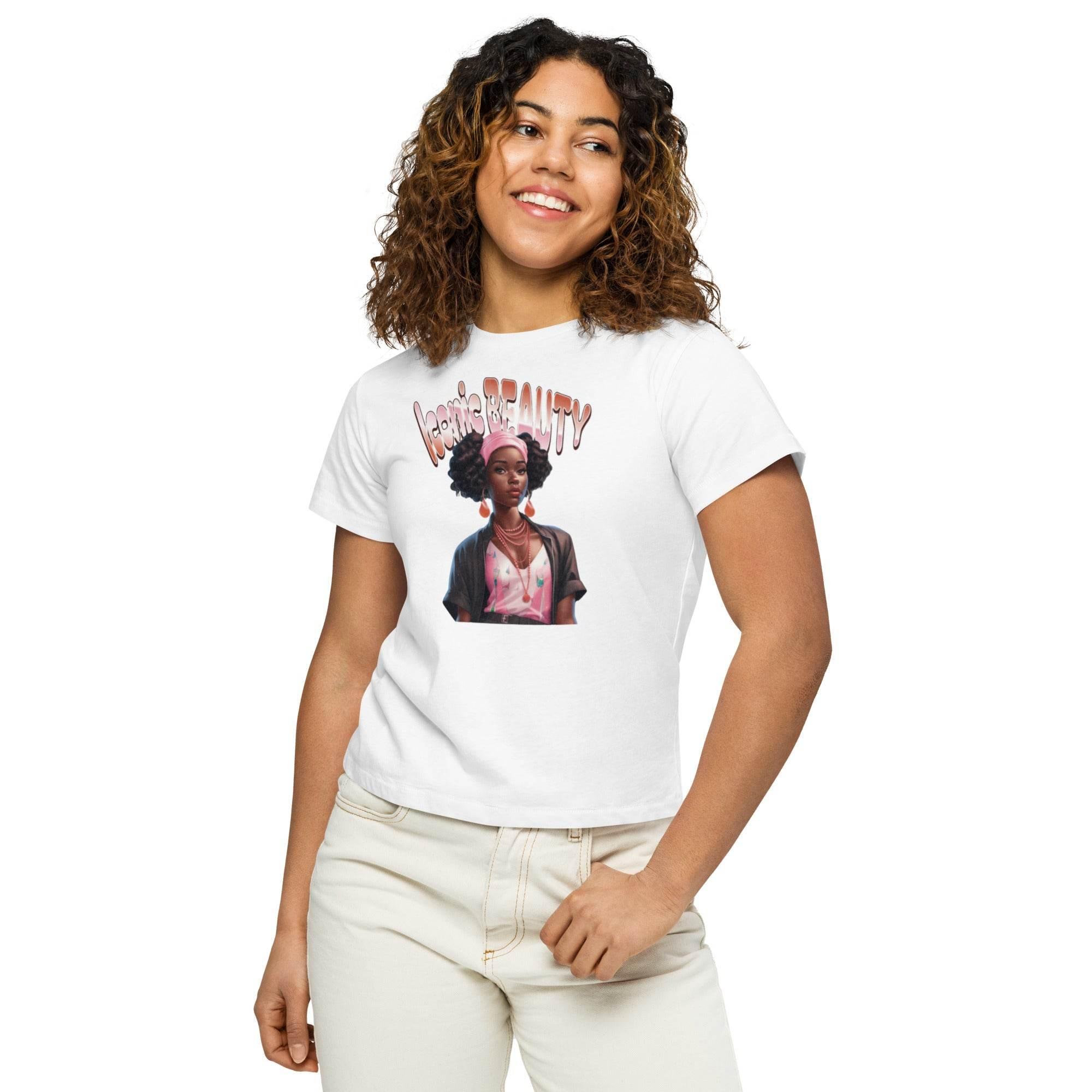 White cropped t-shirt with Iconic Beauty graphic – women’s chic top for bold streetwear style. - Annaise Store